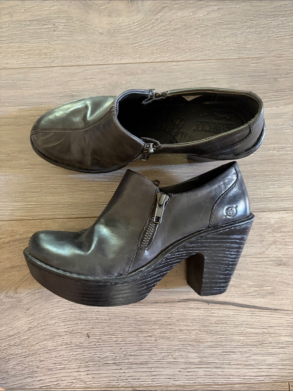 Born Dark Brown Leather Zip Ankle Heels